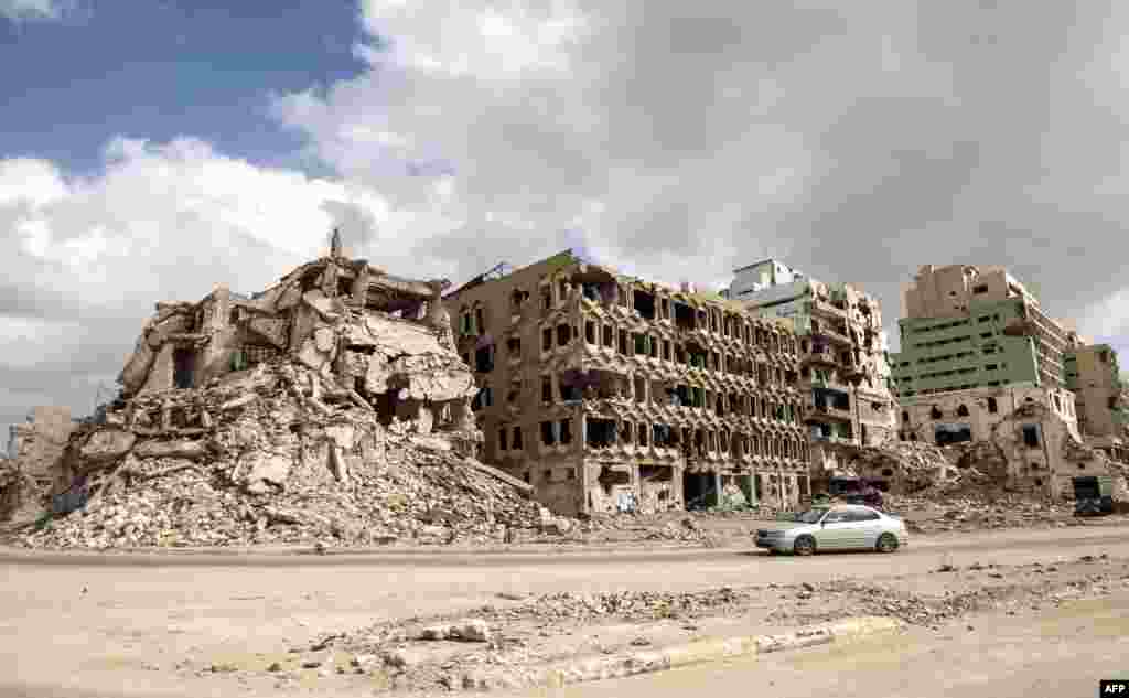 Destroyed buildings are seen along the seaside promenade of Libya's eastern city of Benghazi.