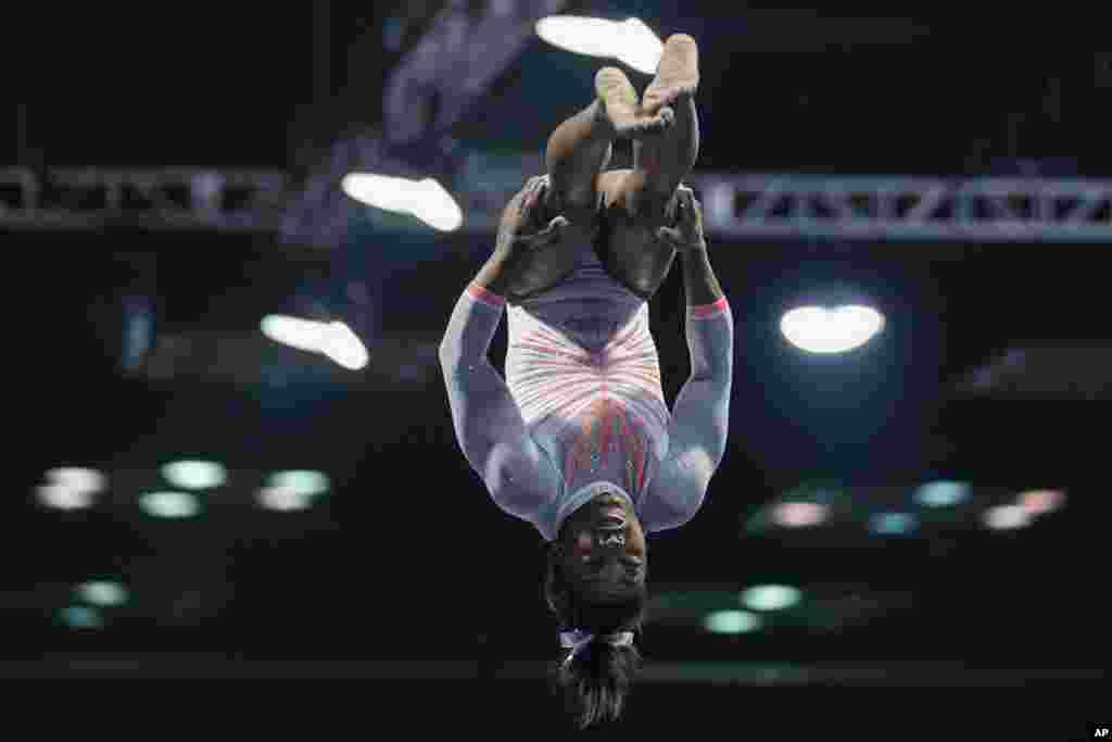Simone Biles performs during the vault at the U.S. Classic gymnastics meet in Indianapolis, Indiana, May 22, 2021.