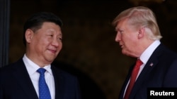 美国总统特朗普在佛罗里达州棕榈滩海湖庄园会晤到访的中国国家主席习近平。（2017年4月6日）