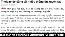 VNNet nói Thoibao.de đăng tải thông tin 'xuyên tạc' về chuyến thăm của Thủ tướng Nguyễn Xuân Phúc tới Đức. (Ảnh chụp màn hình trang web VietNamNet)