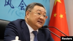时任中国外交部军控司司长的傅聪在记者会上讲话。（路透社2020年7月8日）
