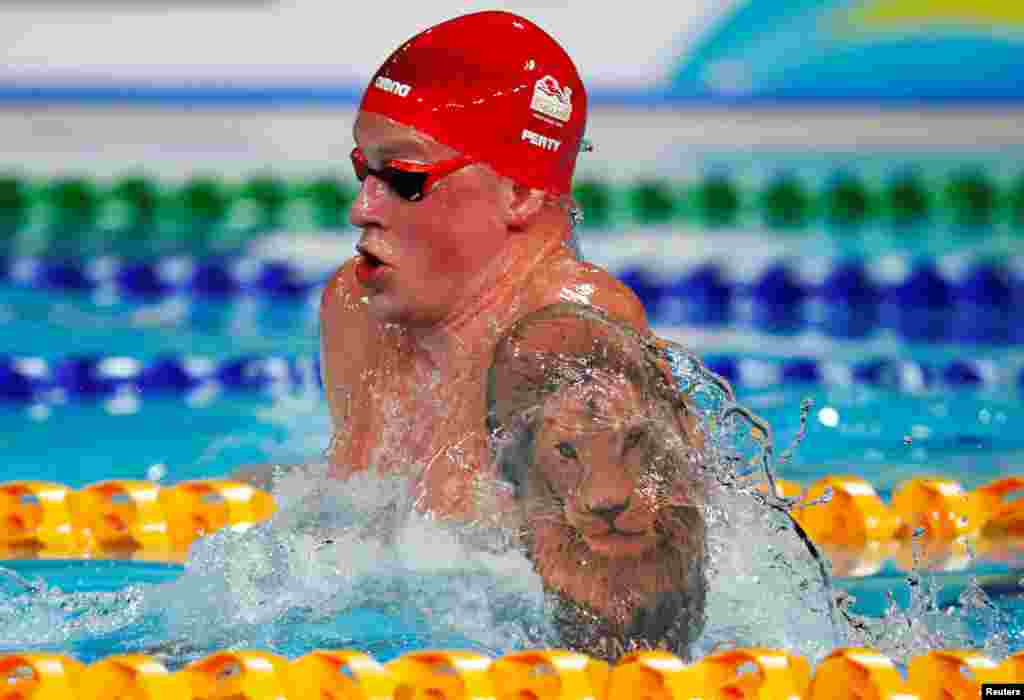 Adam Peaty of England competes during the men's 50m breaststroke final at the Optus Aquatic Centre in Gold Coast, Australia during the Gold Coast 2018 Commonwealth Games.