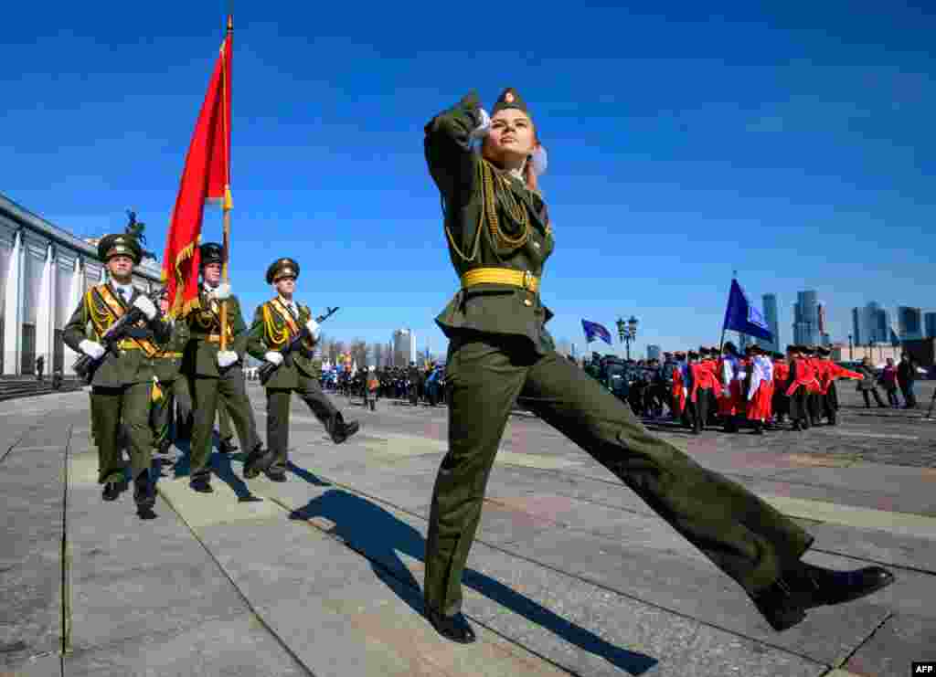 Russian cadets march during the annual cadet schools get-together in Moscow.