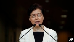 香港特首林郑月娥在例行记者会上讲话。(2019年9月3日)