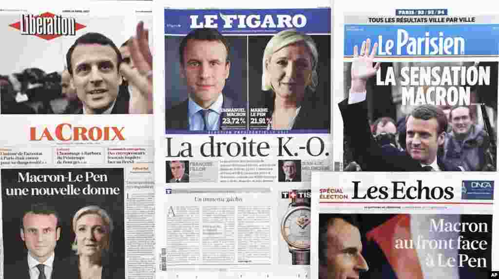 在法国总统大选的第一轮投票中,中间派候选人马克龙(Emmanuel Macron)和民族主义者、反移民候选人勒庞(Marine Le Pen)胜出。法国的解放报、费加罗报和回声报在头版刊登他们的照片(2017年4月24日)