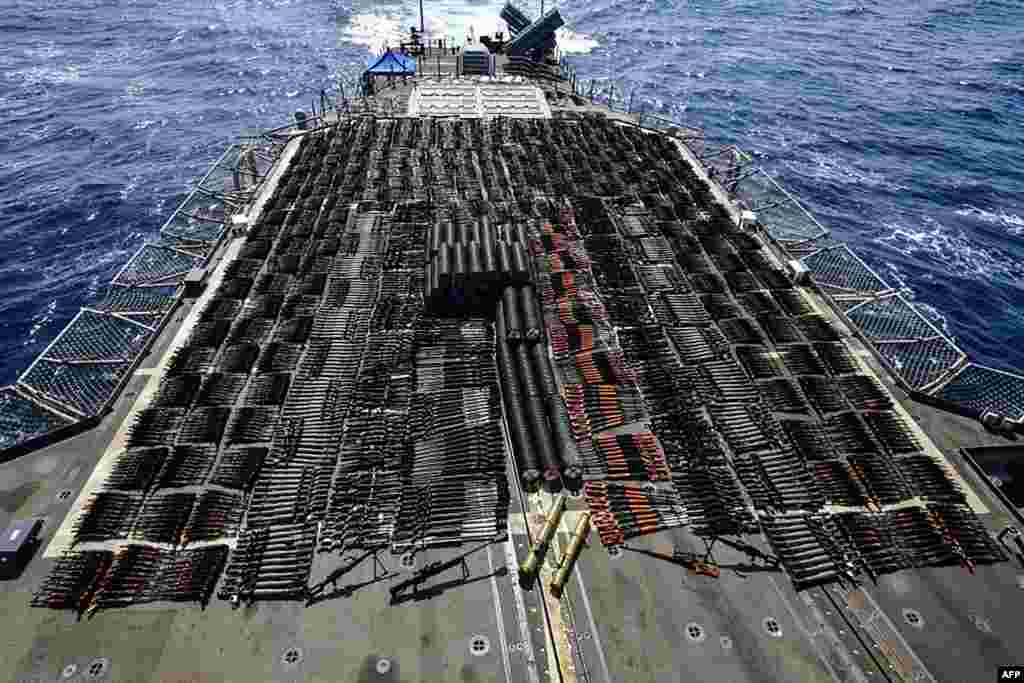 This handout photo courtesy of U.S. Navy shows a vessel on which weapons were seized by the guided-missile cruiser USS Monterey in international waters of the North Arabian Sea. The U.S. Navy's Fifth Fleet said it had seized a huge cache of illicit Russian and Chinese weapons from a stateless dhow sailing in international waters of the North Arabian Sea.