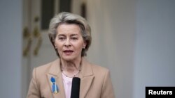 President of the European Commission Ursula von der Leyen speaks to press in Washington
