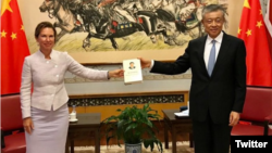 资料照片：英国驻华大使吴若兰(左）与中国驻英大使刘晓明手持习近平的书合影。