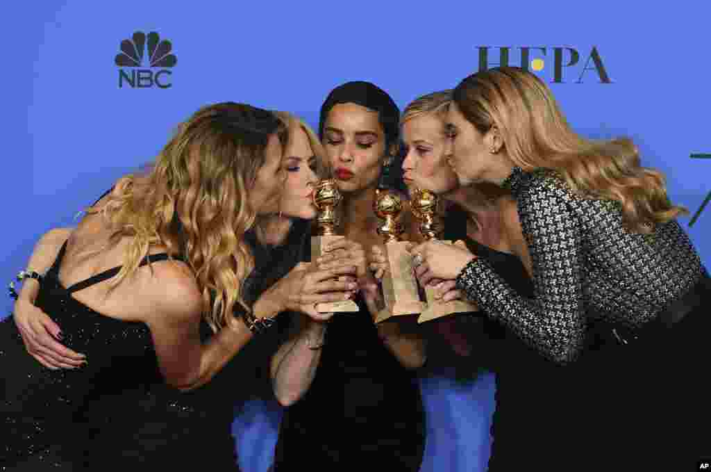 From left: Laura Dern, Nicole Kidman, Zoe Kravitz, Reese Witherspoon and Shailene Woodley pose in the press room with the award for best television limited series or motion picture made for television for "Big Little Lies" at the 75th annual Golden Globe Awards at the Beverly Hilton Hotel in Beverly Hills, California, Jan. 7, 2018.