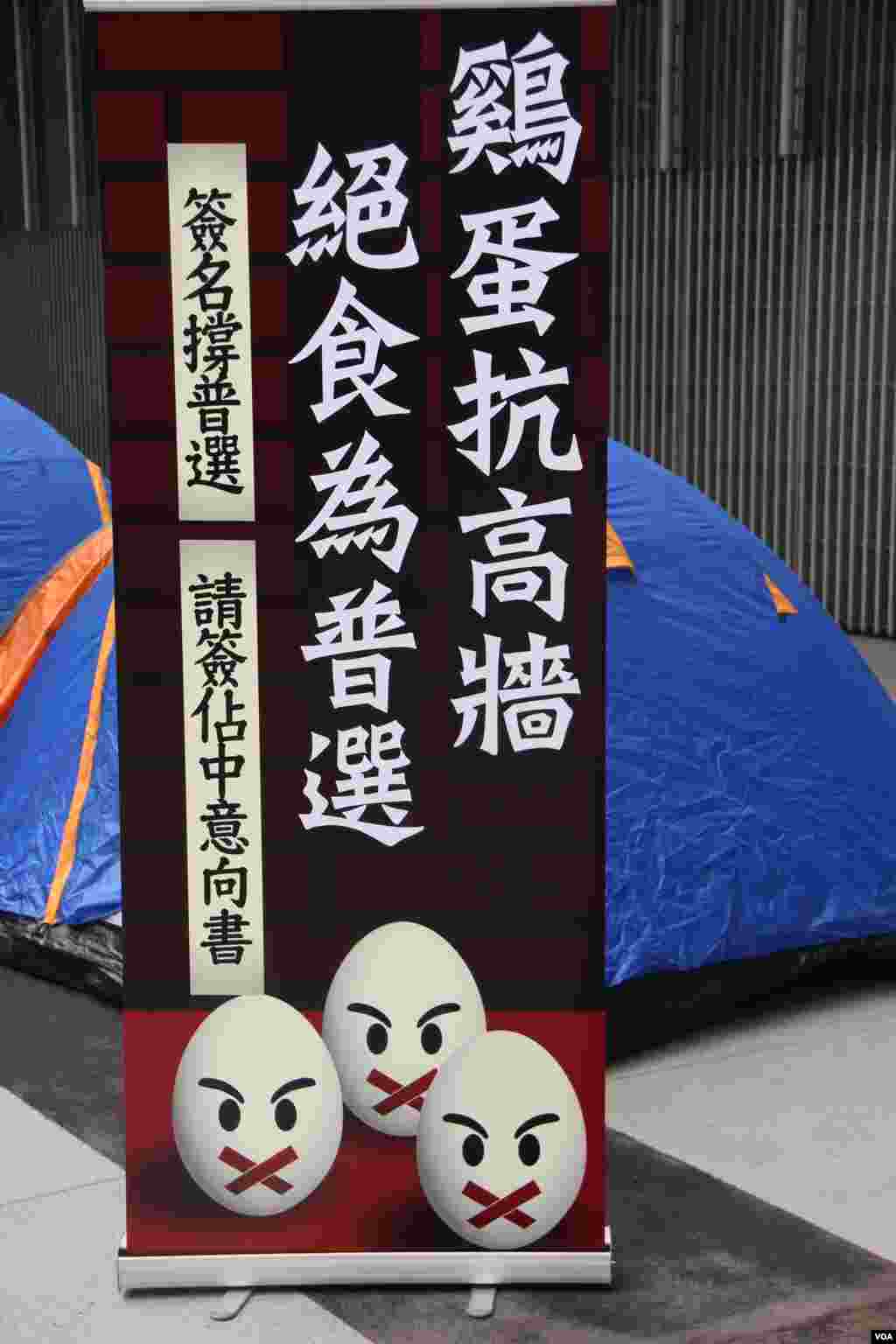 泛民发起&ldquo;鸡蛋抗高墙，绝食为普选&rdquo;的绝食行动(美国之音海彦拍摄)
