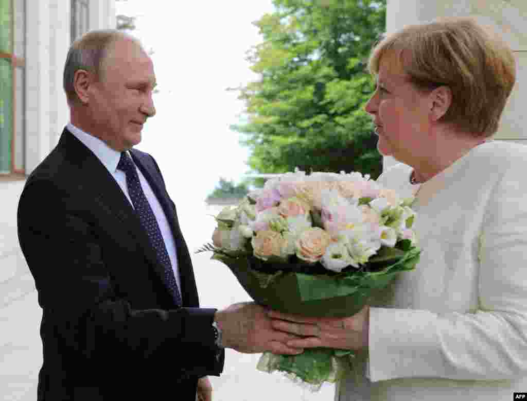 Russian President Vladimir Putin (L) welcomes German Chancellor Angela Merkel during their meeting in Sochi.