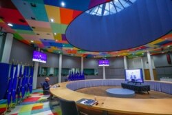 European Council President Charles Michel participates in a videoconference at the European Council building in Brussels, Nov. 10, 2020.