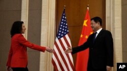 资料照:2024年1月30日,在北京钓鱼台国宾馆,美国白宫禁毒代表团团长、总统副助理兼国土安全部副顾问珍·达斯卡尔(Jen Daskal,左)与中国公安部部长王晓红握手。