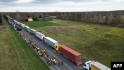 Черга вантажівок біля польсько-українського прикордонного переходу в Дорогуську, Польща, 10 листопада 2023 року. Фото AFP