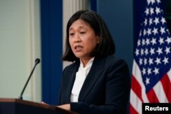 美国贸易代表戴琪大使在白宫举行的记者会上。（2024年5月14日）