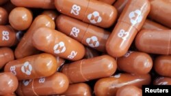 资料照片： 默克公司发布并由路透社获取的照片显示默克公司与里奇贝克生物治疗学公司开发的治疗COVID-19的实验性口服药。(2021年5月17日) 