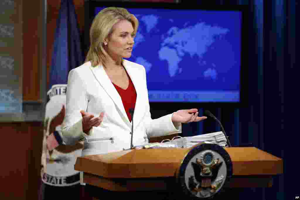 美国国务院发言人海瑟‧诺尔特( Heather Nauert) 2017年8月9日在国务院新闻发布会上讲话。国务院说,唐纳德·川普总统与美国政府部门在朝鲜威胁问题上是一致的,白宫,国务院和五角大楼都是一致的。 