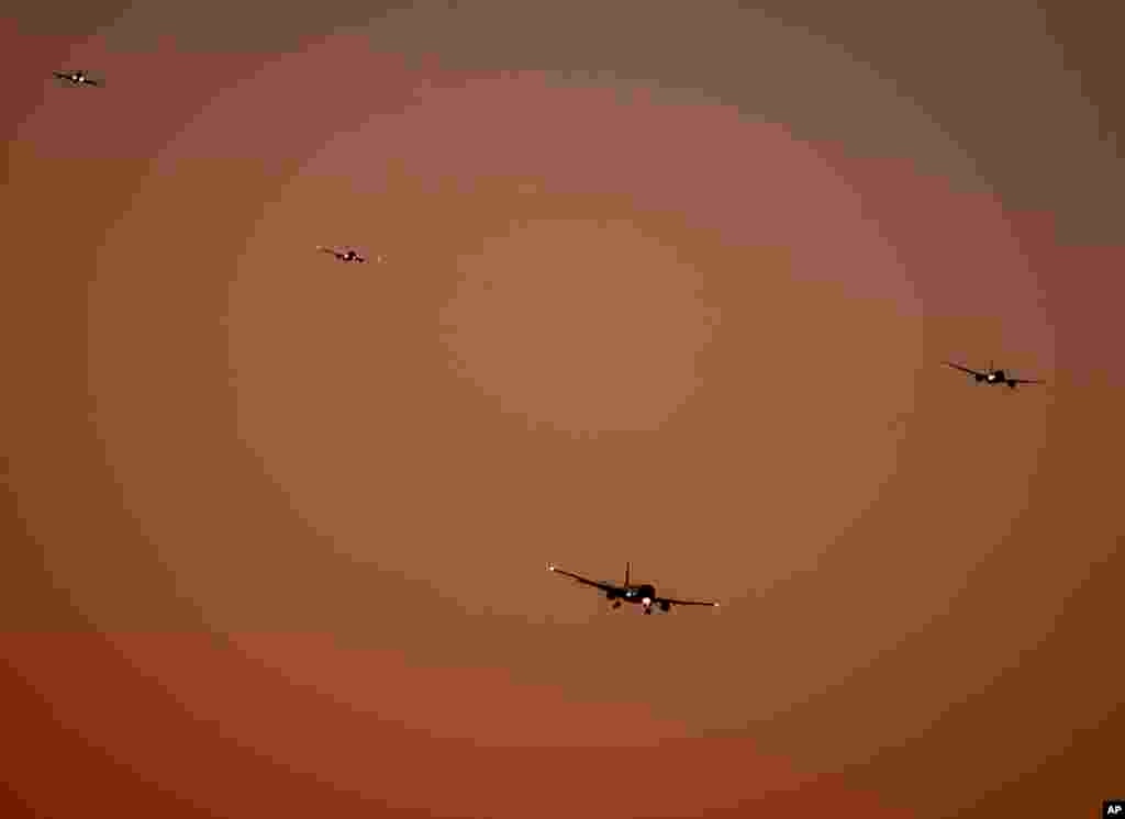 The first aircraft approach the international airport in Frankfurt, Germany, right after the landing ban ended.