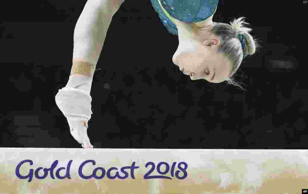 Australia's Emily Whitehead competes on the balance beam during the women's team artistic gymnastics finals at the Commonwealth Games on the Gold Coast, Australia.
