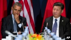 美国总统奥巴马(左)和中国主席习近平在联合国气候大会上（2015年11月30日）